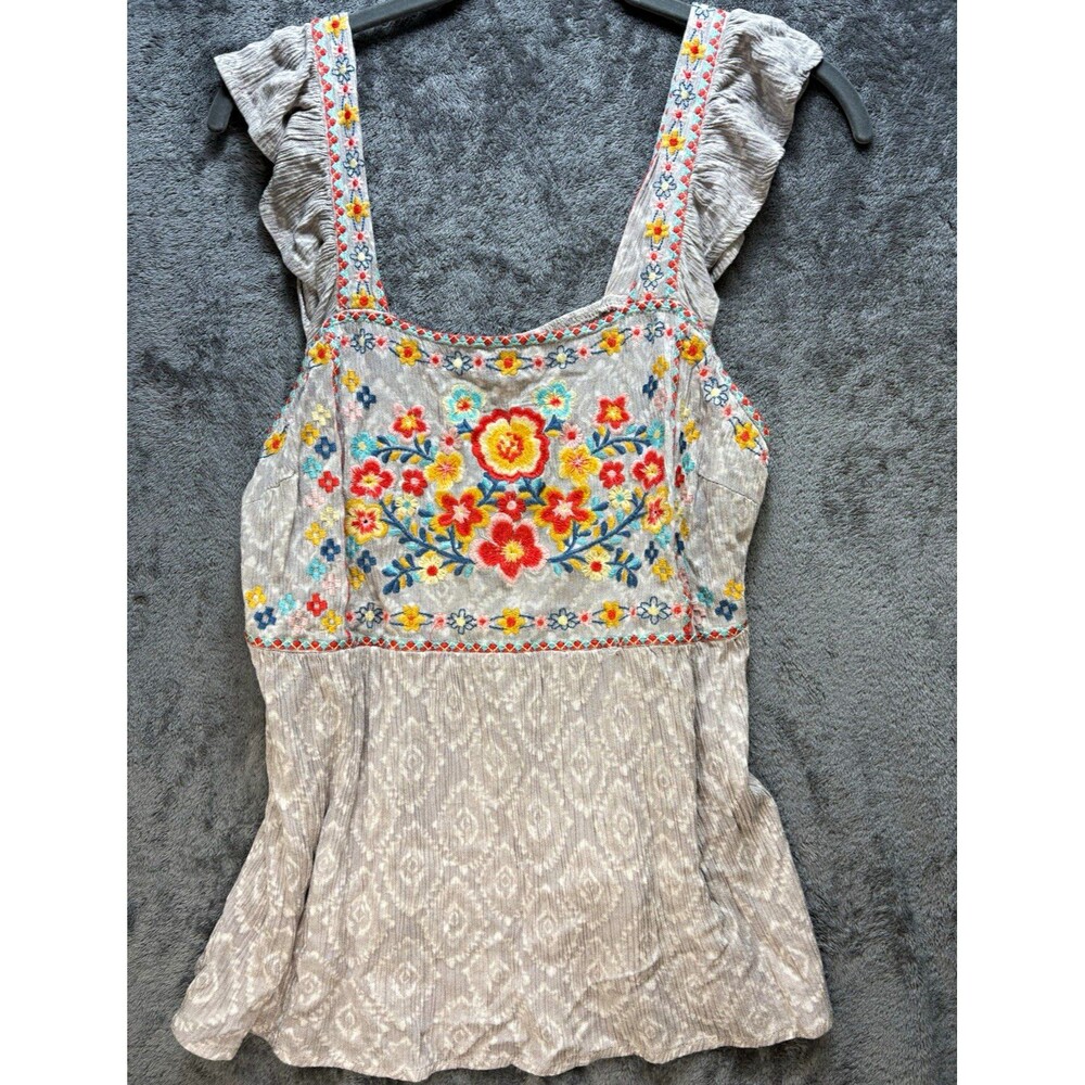 Savanna Jane Gray Floral Embroidered Ruffle Strap Square Neck Tank Top L